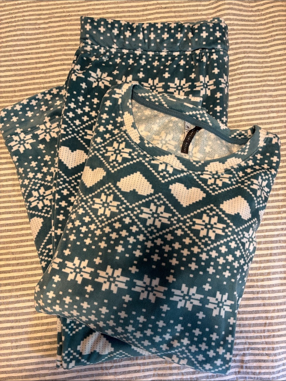 Women's Teal and White Fair Isle Pajama Set - Cozy Long Sleeve Top & Pants